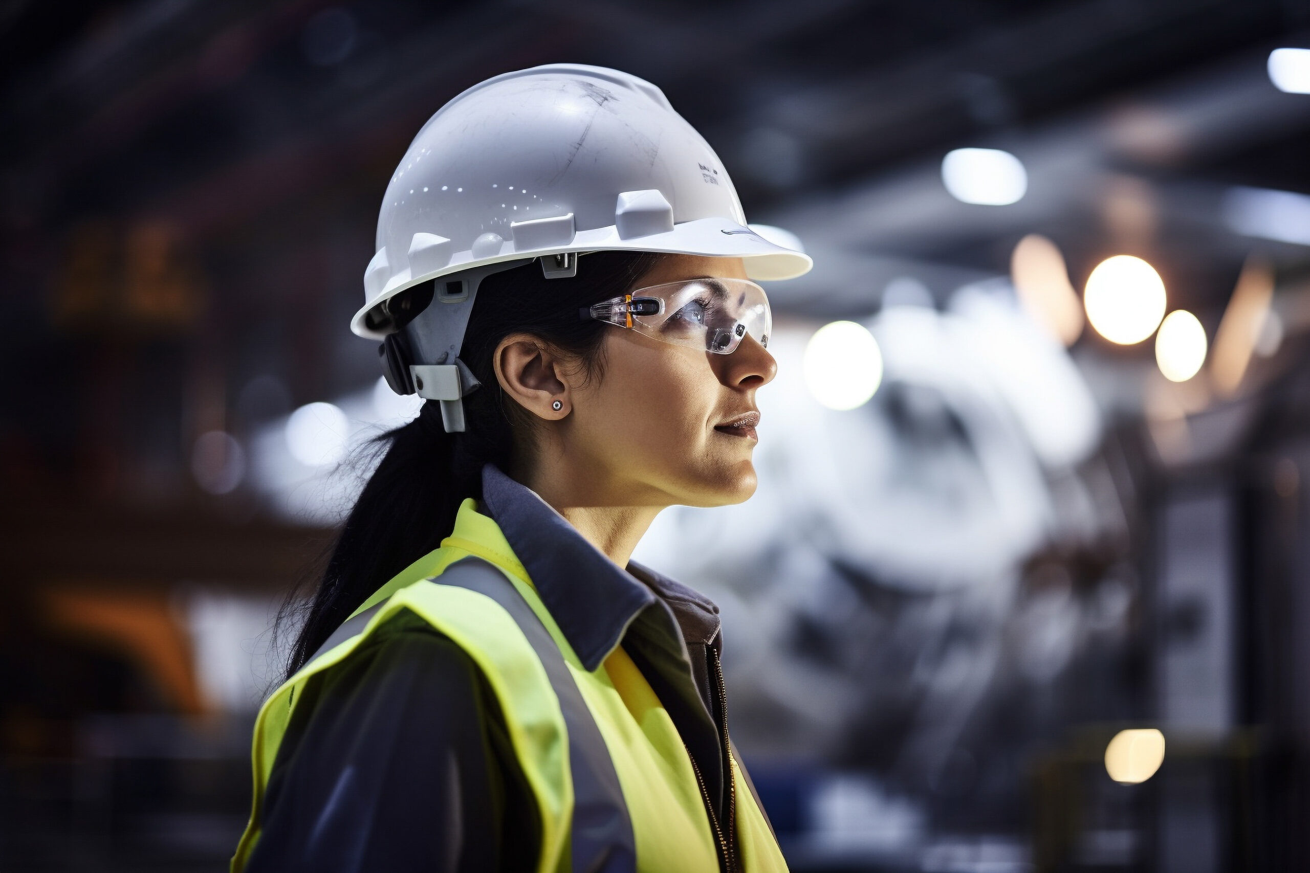 Female engineer worker in protective hat and glasses on a construction site. AI Generative